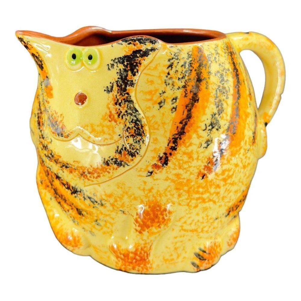 Molde Whimsical Ceramic Yellow Cat Large Pitcher Carafe Made In Portugal Ceramic